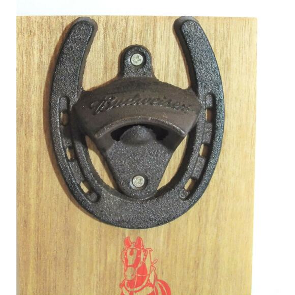 Iron BEER BOTTLE OPENER Budweiser Clydesdales Horse Shoe On Wood Wall Plaque 11" - Picture 5 of 6